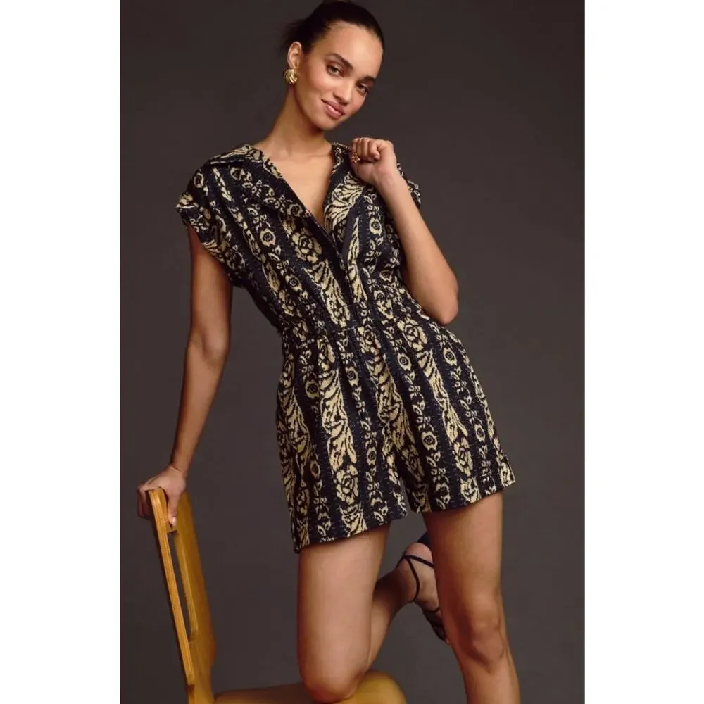 Tiny Anthropologie Ella Romper in Blue Motif Size M Tribal Print in Navy Beige